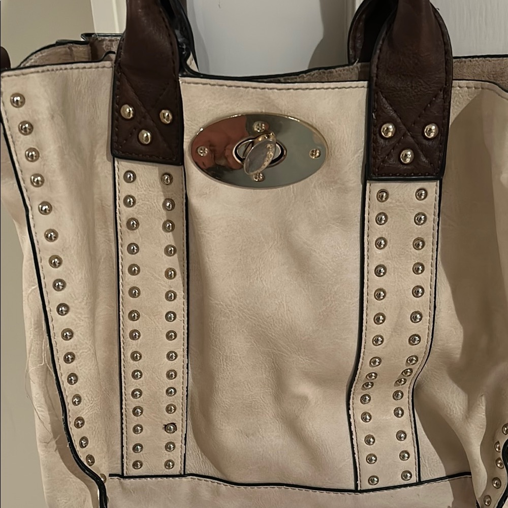 Studded Cream and Brown Tote Bag
